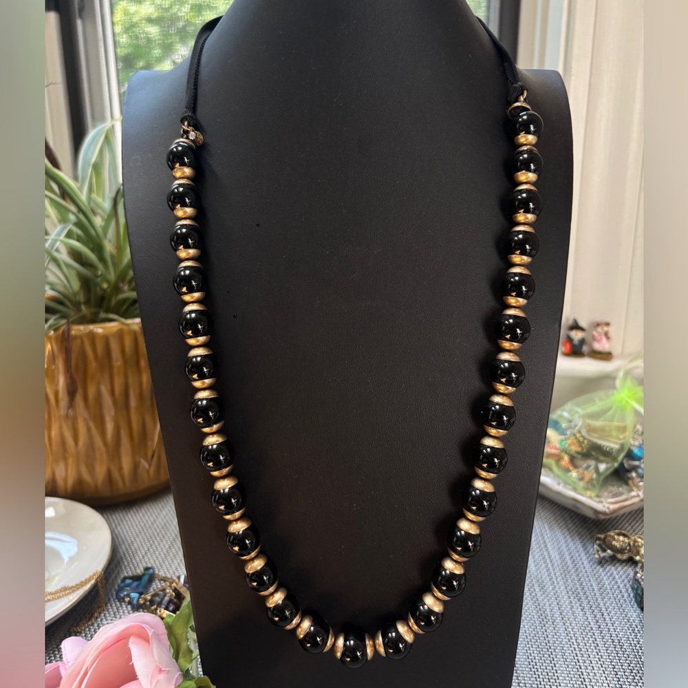 J. Crew Signed Black Glass Gold Tone Beaded Ribbon Tie Necklace
